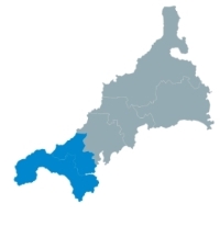 A map of Cornwall, highlighting West Cornwall